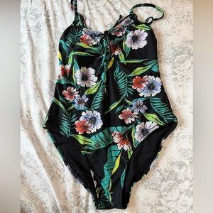 American Eagle Outfitters Floral One Piece Swimsuit - Black and Green